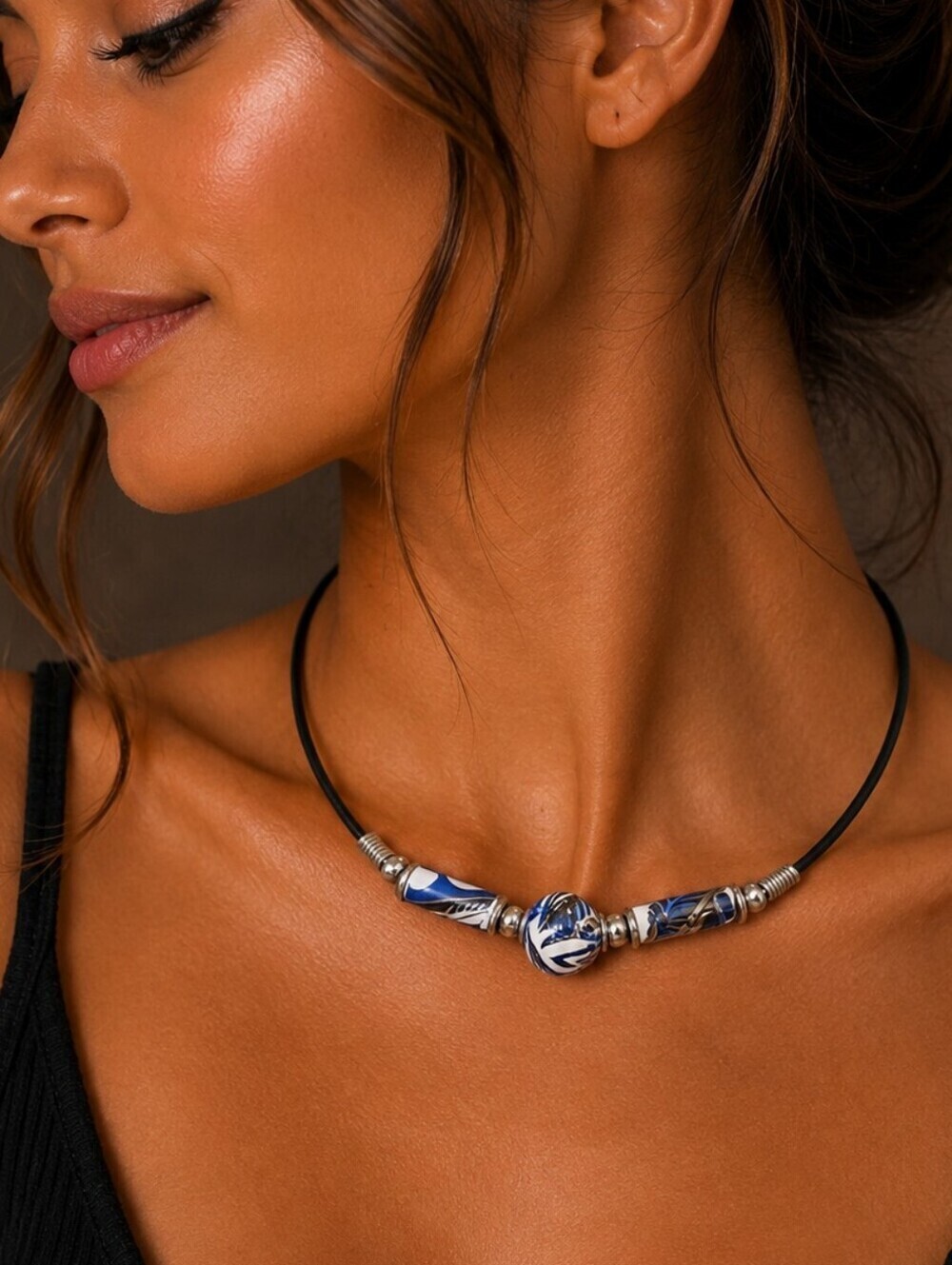 3/$30 VTG Ceramic Tube Metal Beaded Necklace